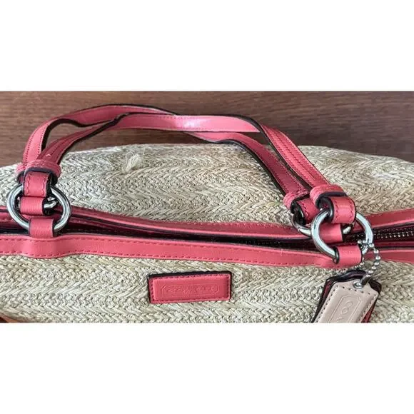 Coach Straw Floral Appliqué Tote – Coral - tea rose - Picture 5 of 11